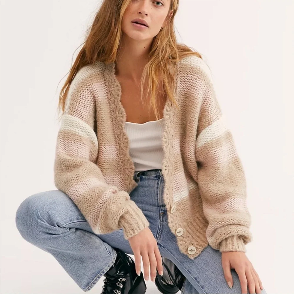Free People Fine Time Latte Striped Oversized Wool Alpaca Cardigan S